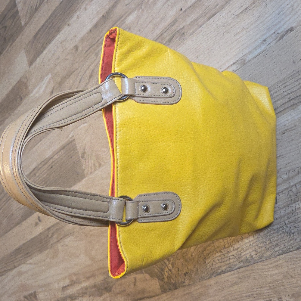 Bright Yellow And Orange Small Tote Bag Double Handle Faux Leather